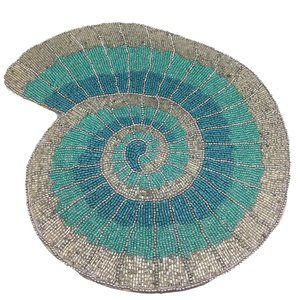 x2 Coastal Collection Beaded Abalone Shell Placemat Set Ocean Blue Silver Beach